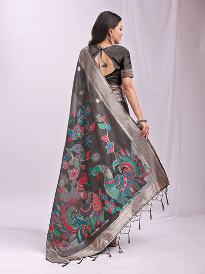 Astita Grey Linen Cotton Saree with Bold Peacock Pallu – Elegant Zari Border Saree for Festive & Party Wear | Lightweight & Soft Fabric