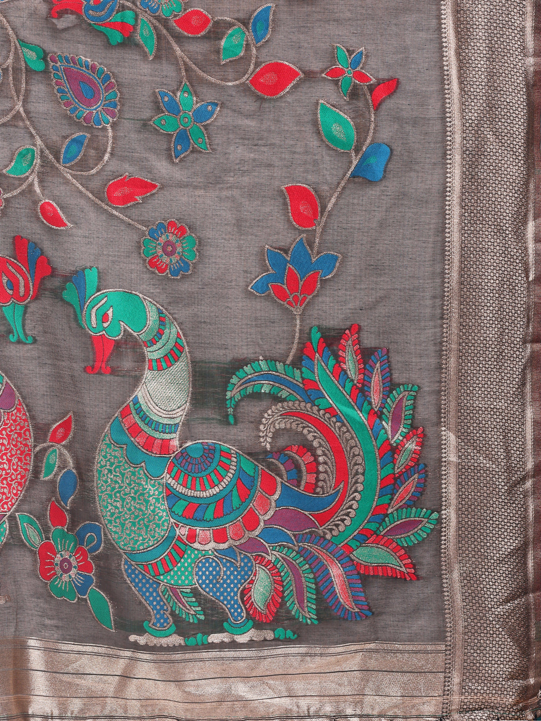 Astita Grey Linen Cotton Saree with Bold Peacock Pallu – Elegant Zari Border Saree for Festive & Party Wear | Lightweight & Soft Fabric