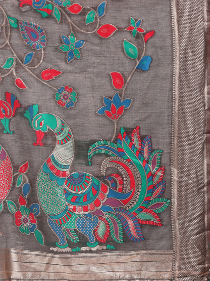 Astita Grey Linen Cotton Saree with Bold Peacock Pallu – Elegant Zari Border Saree for Festive & Party Wear | Lightweight & Soft Fabric