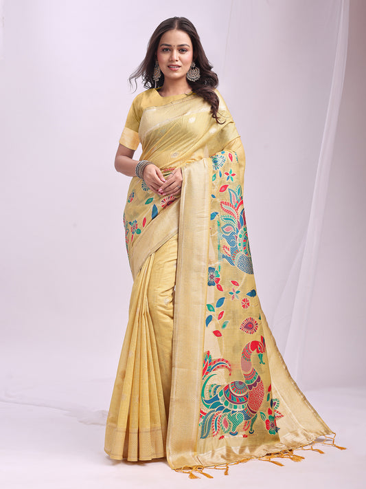 Astita Yellow Linen Cotton Saree with Bold Peacock Pallu – Elegant Zari Border Saree for Festive & Party Wear | Lightweight & Soft Fabric
