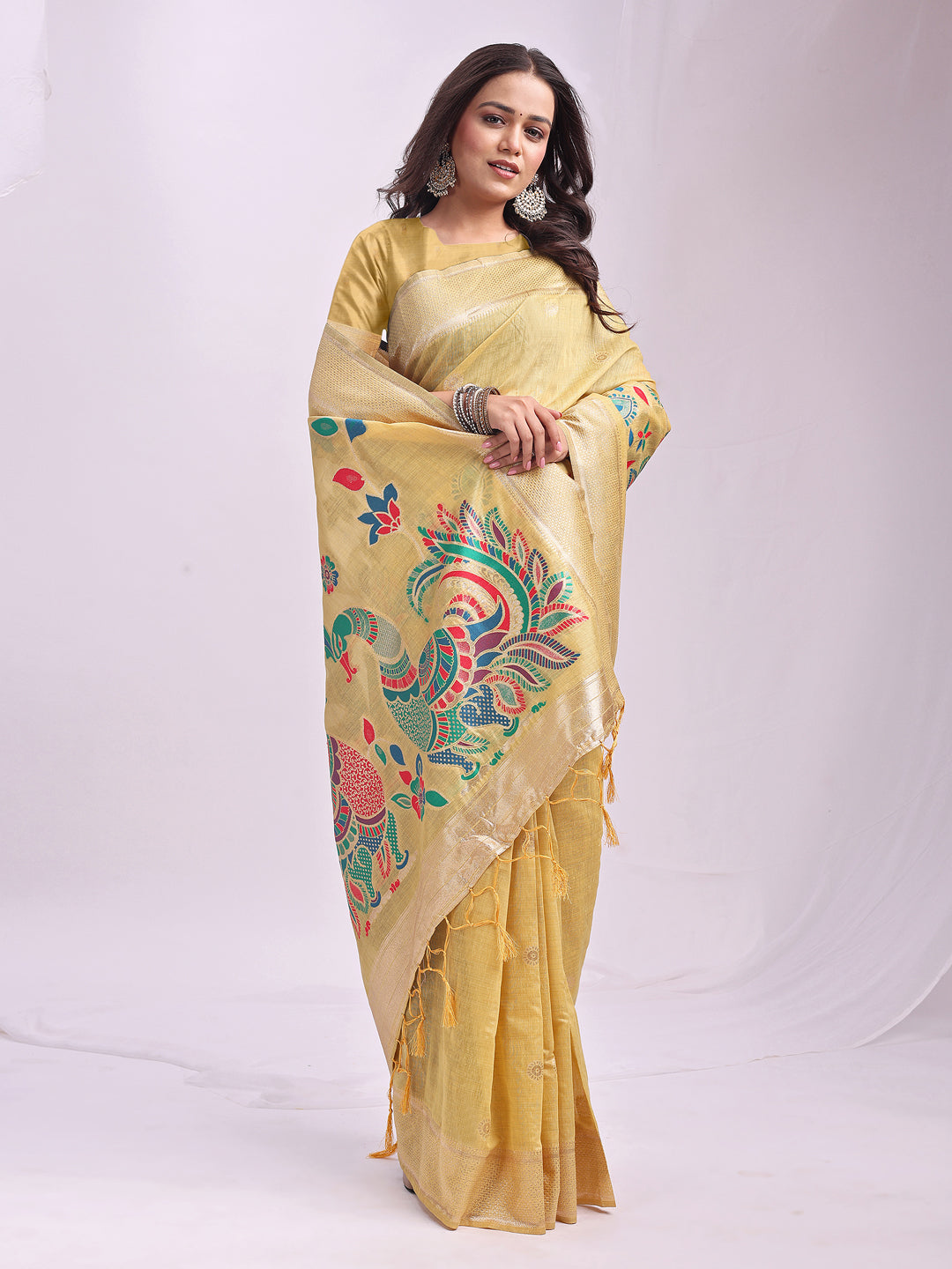 Astita Yellow Linen Cotton Saree with Bold Peacock Pallu – Elegant Zari Border Saree for Festive & Party Wear | Lightweight & Soft Fabric