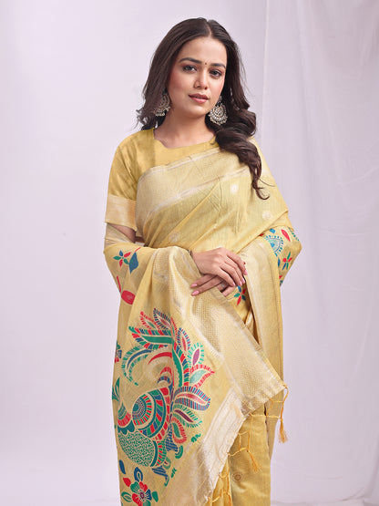 Astita Yellow Linen Cotton Saree with Bold Peacock Pallu – Elegant Zari Border Saree for Festive & Party Wear | Lightweight & Soft Fabric