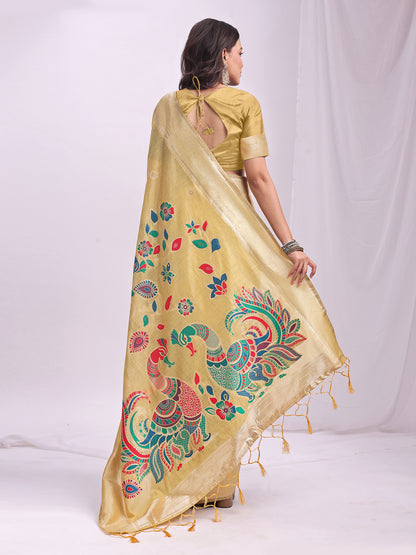 Astita Yellow Linen Cotton Saree with Bold Peacock Pallu – Elegant Zari Border Saree for Festive & Party Wear | Lightweight & Soft Fabric