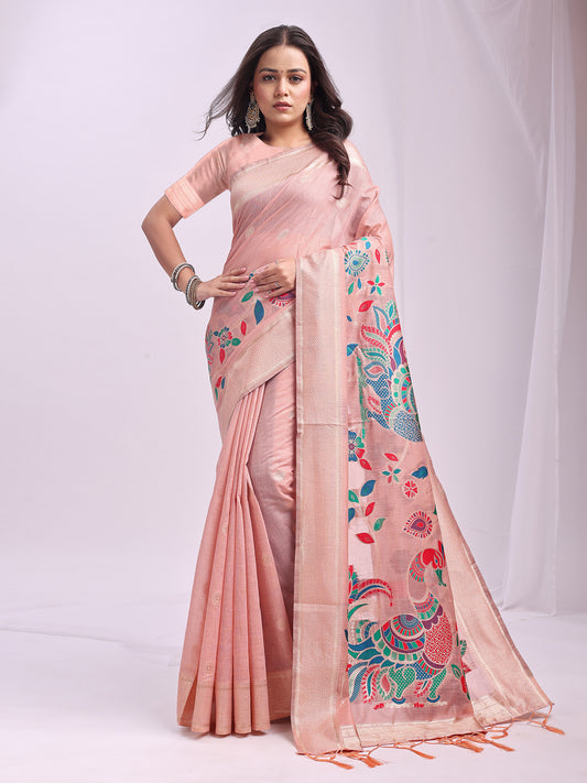 Astita Peach Linen Cotton Saree with Bold Peacock Pallu – Elegant Zari Border Saree for Festive & Party Wear | Lightweight & Soft Fabric