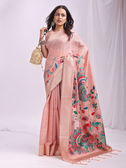Astita Peach Linen Cotton Saree with Bold Peacock Pallu – Elegant Zari Border Saree for Festive & Party Wear | Lightweight & Soft Fabric