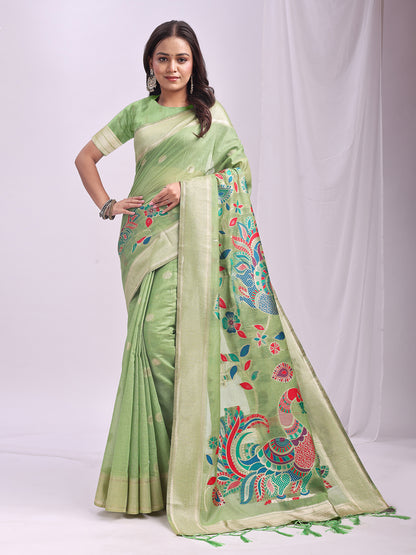 Astita Light Green Linen Cotton Saree with Bold Peacock Pallu – Elegant Zari Border Saree for Festive & Party Wear | Lightweight & Soft Fabric