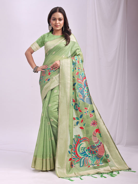 Astita Light Green Linen Cotton Saree with Bold Peacock Pallu – Elegant Zari Border Saree for Festive & Party Wear | Lightweight & Soft Fabric
