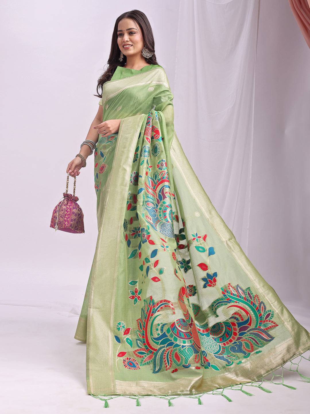 Astita Light Green Linen Cotton Saree with Bold Peacock Pallu – Elegant Zari Border Saree for Festive & Party Wear | Lightweight & Soft Fabric