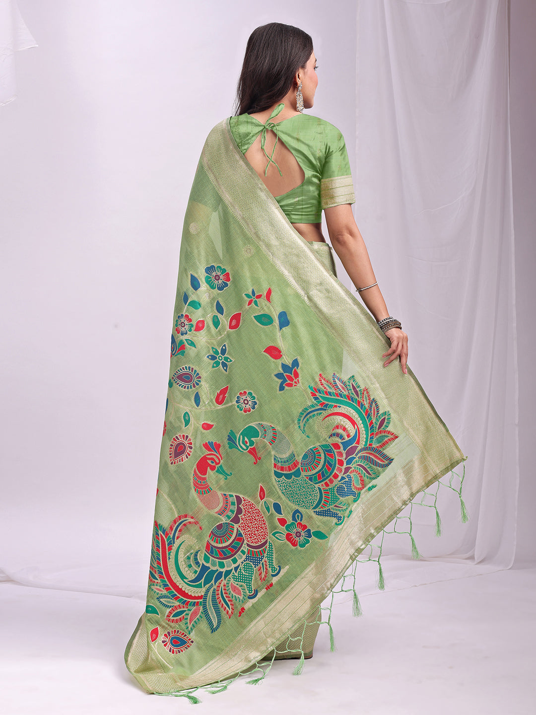 Astita Light Green Linen Cotton Saree with Bold Peacock Pallu – Elegant Zari Border Saree for Festive & Party Wear | Lightweight & Soft Fabric