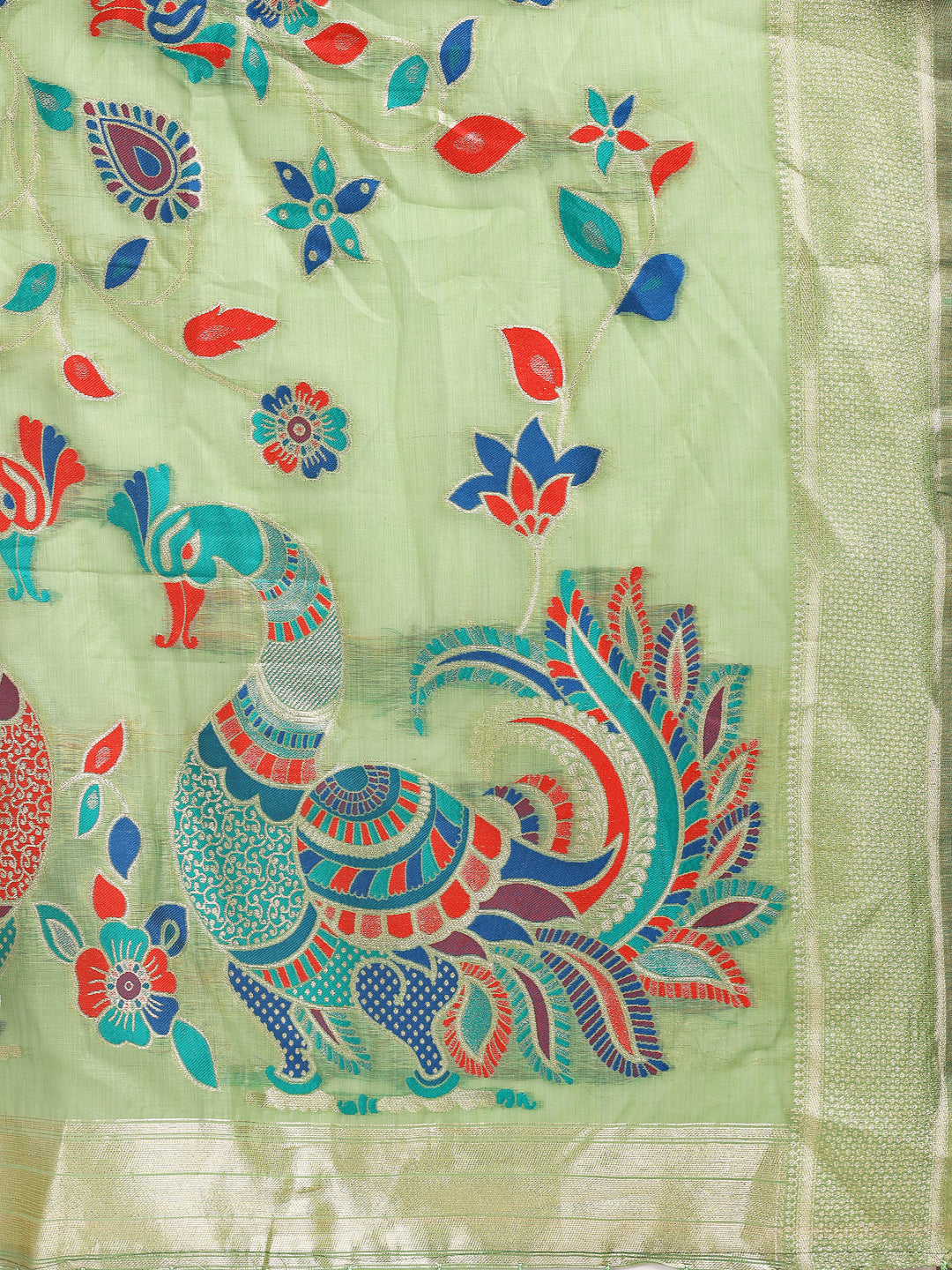 Astita Light Green Linen Cotton Saree with Bold Peacock Pallu – Elegant Zari Border Saree for Festive & Party Wear | Lightweight & Soft Fabric