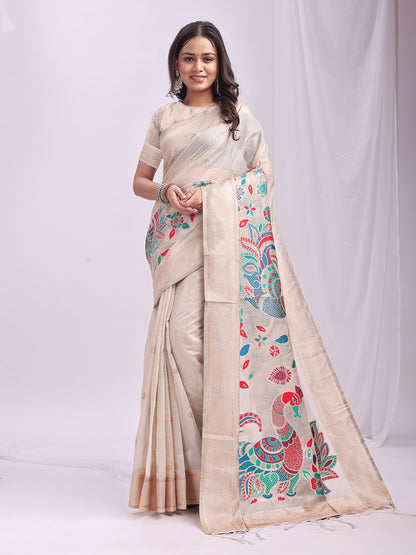 Astita Cream Linen Cotton Saree with Bold Peacock Pallu – Elegant Zari Border Saree for Festive & Party Wear | Lightweight & Soft Fabric