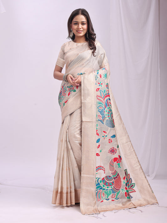 Astita Cream Linen Cotton Saree with Bold Peacock Pallu – Elegant Zari Border Saree for Festive & Party Wear | Lightweight & Soft Fabric