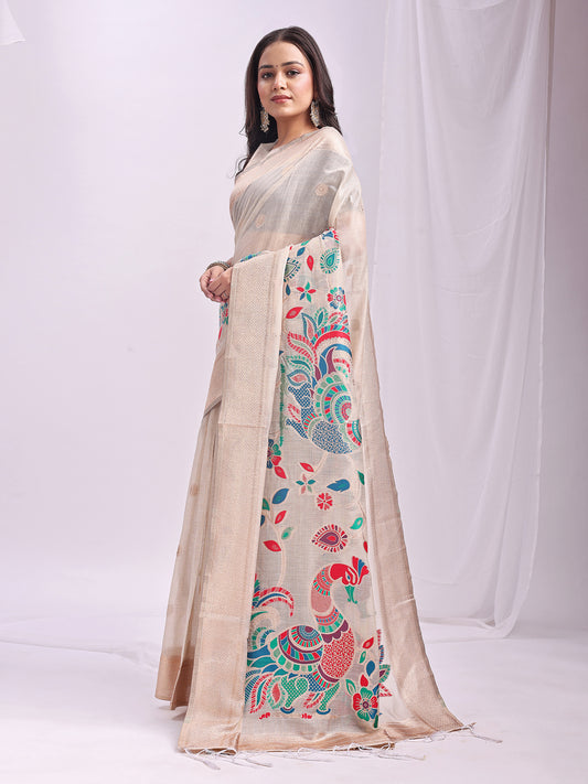 Astita Cream Linen Cotton Saree with Bold Peacock Pallu – Elegant Zari Border Saree for Festive & Party Wear | Lightweight & Soft Fabric