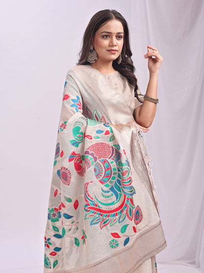 Astita Cream Linen Cotton Saree with Bold Peacock Pallu – Elegant Zari Border Saree for Festive & Party Wear | Lightweight & Soft Fabric