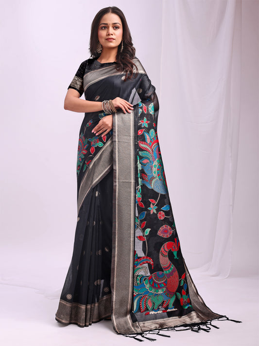 Astita Black Linen Cotton Saree with Bold Peacock Pallu – Elegant Zari Border Saree for Festive & Party Wear | Lightweight & Soft Fabric