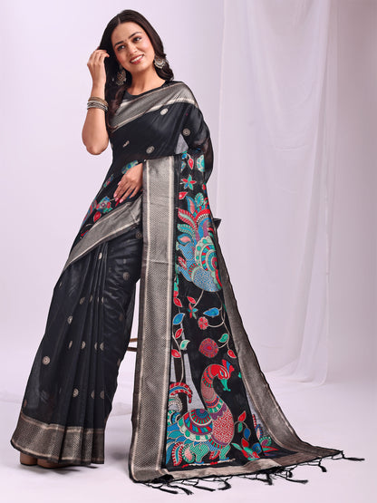 Astita Black Linen Cotton Saree with Bold Peacock Pallu – Elegant Zari Border Saree for Festive & Party Wear | Lightweight & Soft Fabric