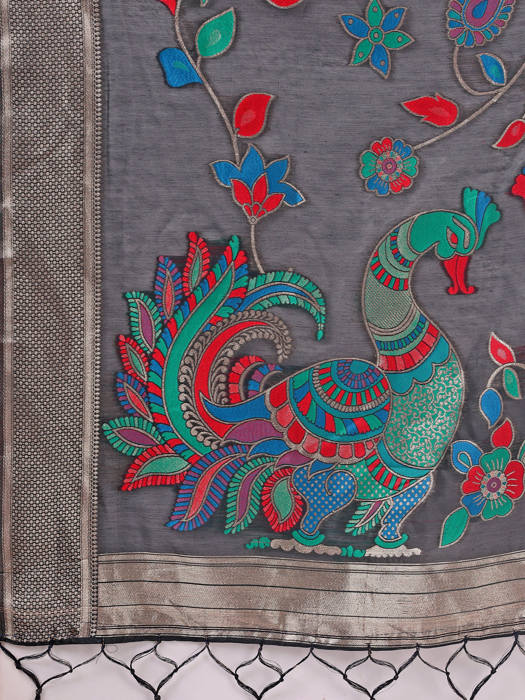 Astita Black Linen Cotton Saree with Bold Peacock Pallu – Elegant Zari Border Saree for Festive & Party Wear | Lightweight & Soft Fabric