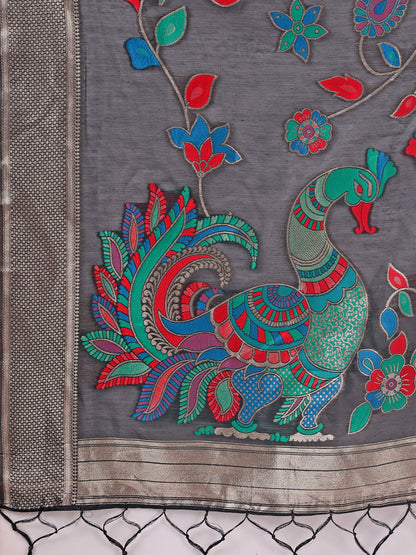 Astita Black Linen Cotton Saree with Bold Peacock Pallu – Elegant Zari Border Saree for Festive & Party Wear | Lightweight & Soft Fabric