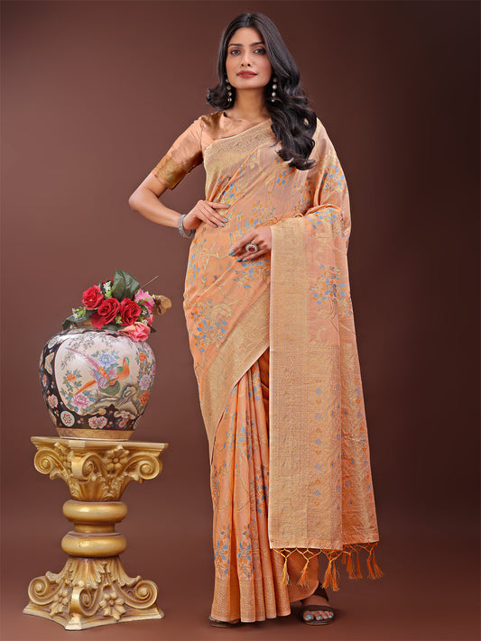 Astita Elegant Orange Linen Cotton Saree with Floral Weave & Soft Gold Pallu – Graceful Choice for Casual, Office & Festive Looks