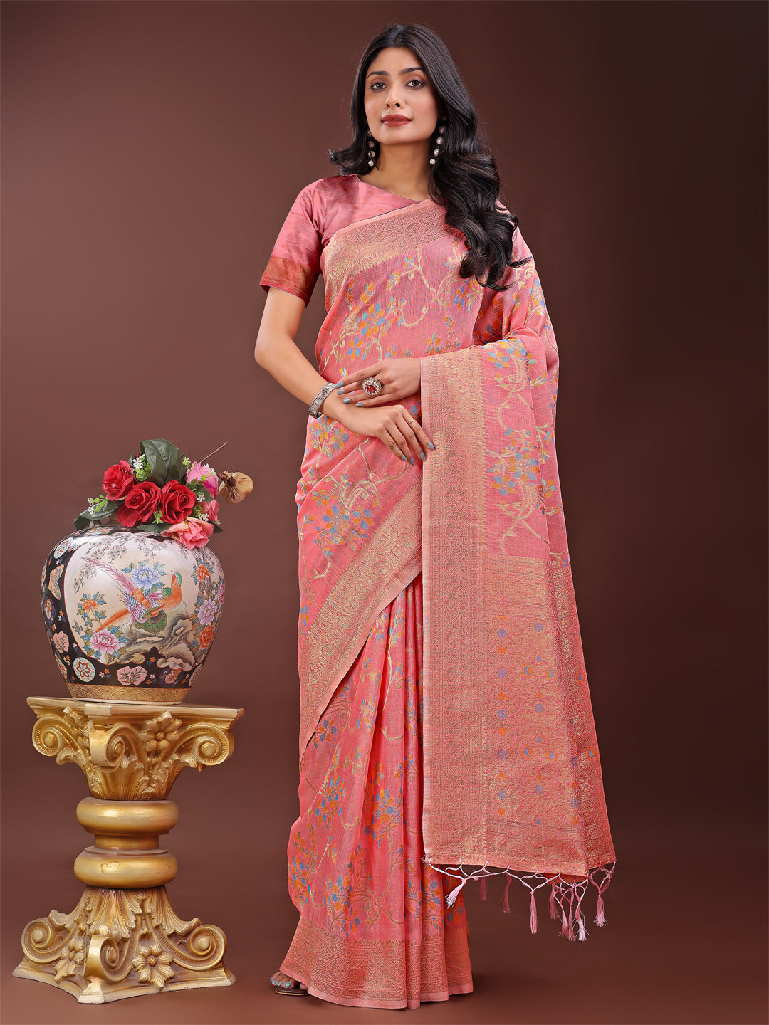 Astita Elegant Peach Linen Cotton Saree with Floral Weave & Soft Gold Pallu – Graceful Choice for Casual, Office & Festive Looks
