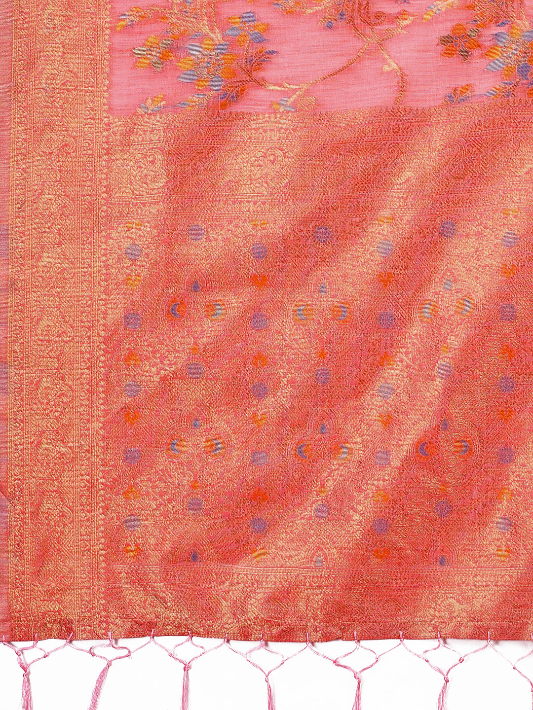 Astita Elegant Peach Linen Cotton Saree with Floral Weave & Soft Gold Pallu – Graceful Choice for Casual, Office & Festive Looks