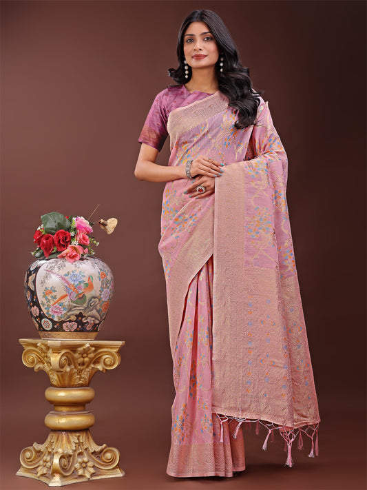 Astita Elegant Light Pink Linen Cotton Saree with Floral Weave & Soft Gold Pallu – Graceful Choice for Casual, Office & Festive Looks