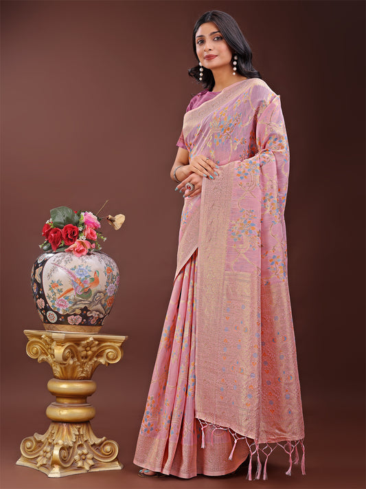 Astita Elegant Light Pink Linen Cotton Saree with Floral Weave & Soft Gold Pallu – Graceful Choice for Casual, Office & Festive Looks