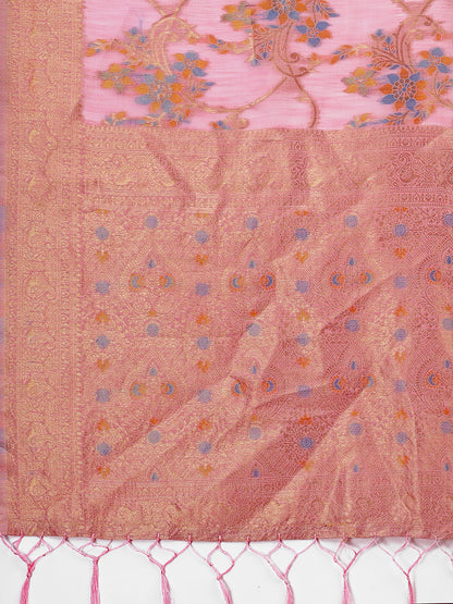 Astita Elegant Light Pink Linen Cotton Saree with Floral Weave & Soft Gold Pallu – Graceful Choice for Casual, Office & Festive Looks