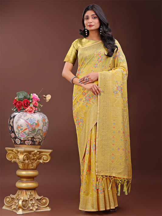 Astita Elegant Yellow Linen Cotton Saree with Floral Weave & Soft Gold Pallu – Graceful Choice for Casual, Office & Festive Looks