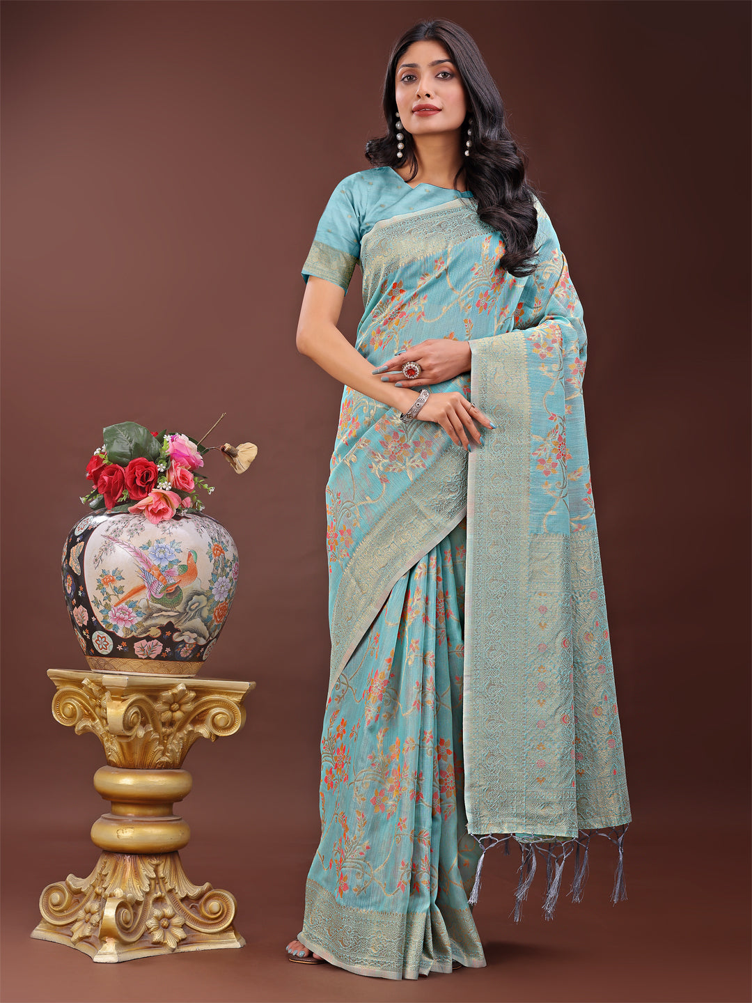 Astita Elegant Light Blue Linen Cotton Saree with Floral Weave & Soft Gold Pallu – Graceful Choice for Casual, Office & Festive Looks