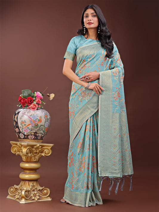 Astita Elegant Light Blue Linen Cotton Saree with Floral Weave & Soft Gold Pallu – Graceful Choice for Casual, Office & Festive Looks