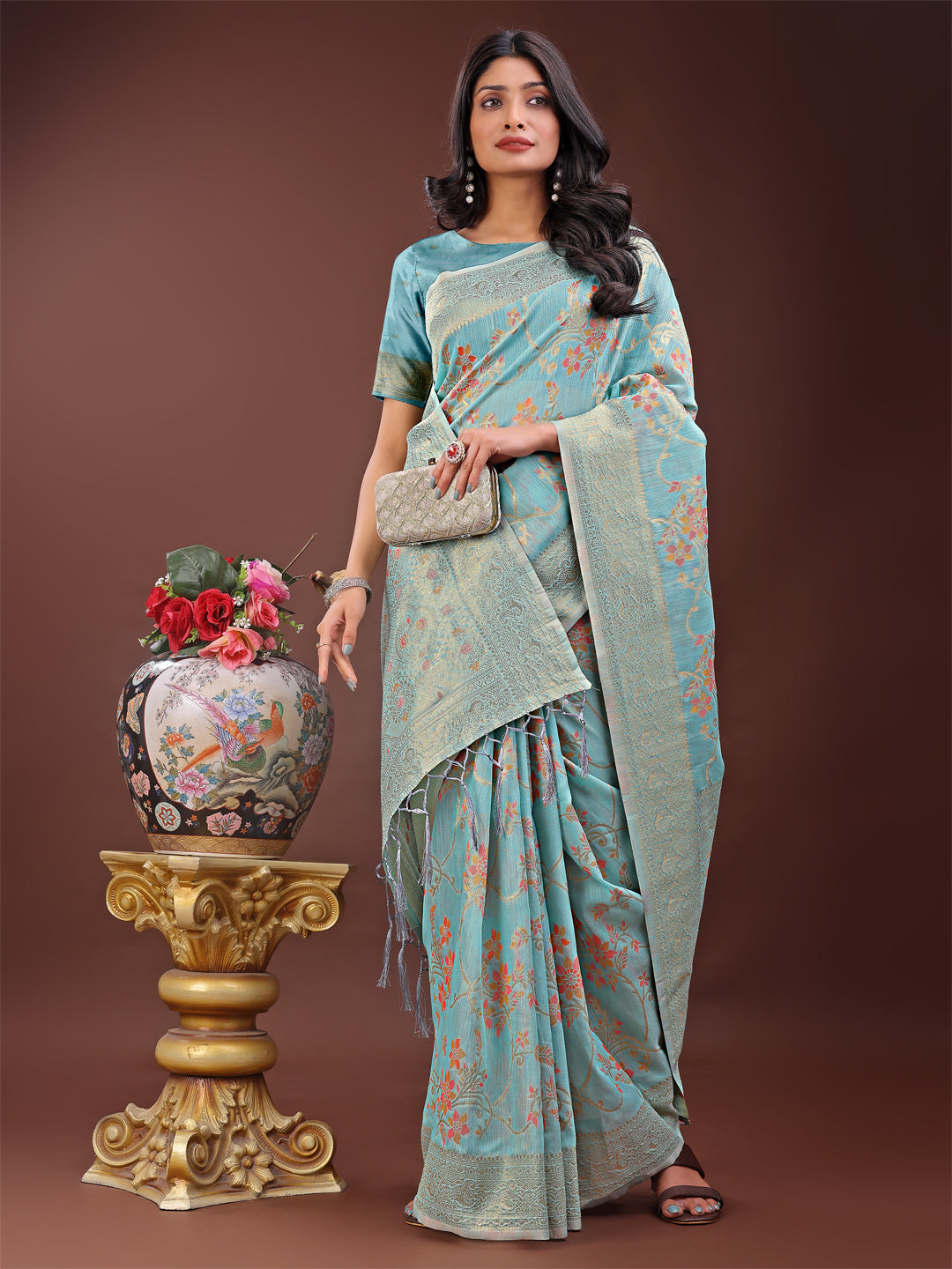 Astita Elegant Light Blue Linen Cotton Saree with Floral Weave & Soft Gold Pallu – Graceful Choice for Casual, Office & Festive Looks