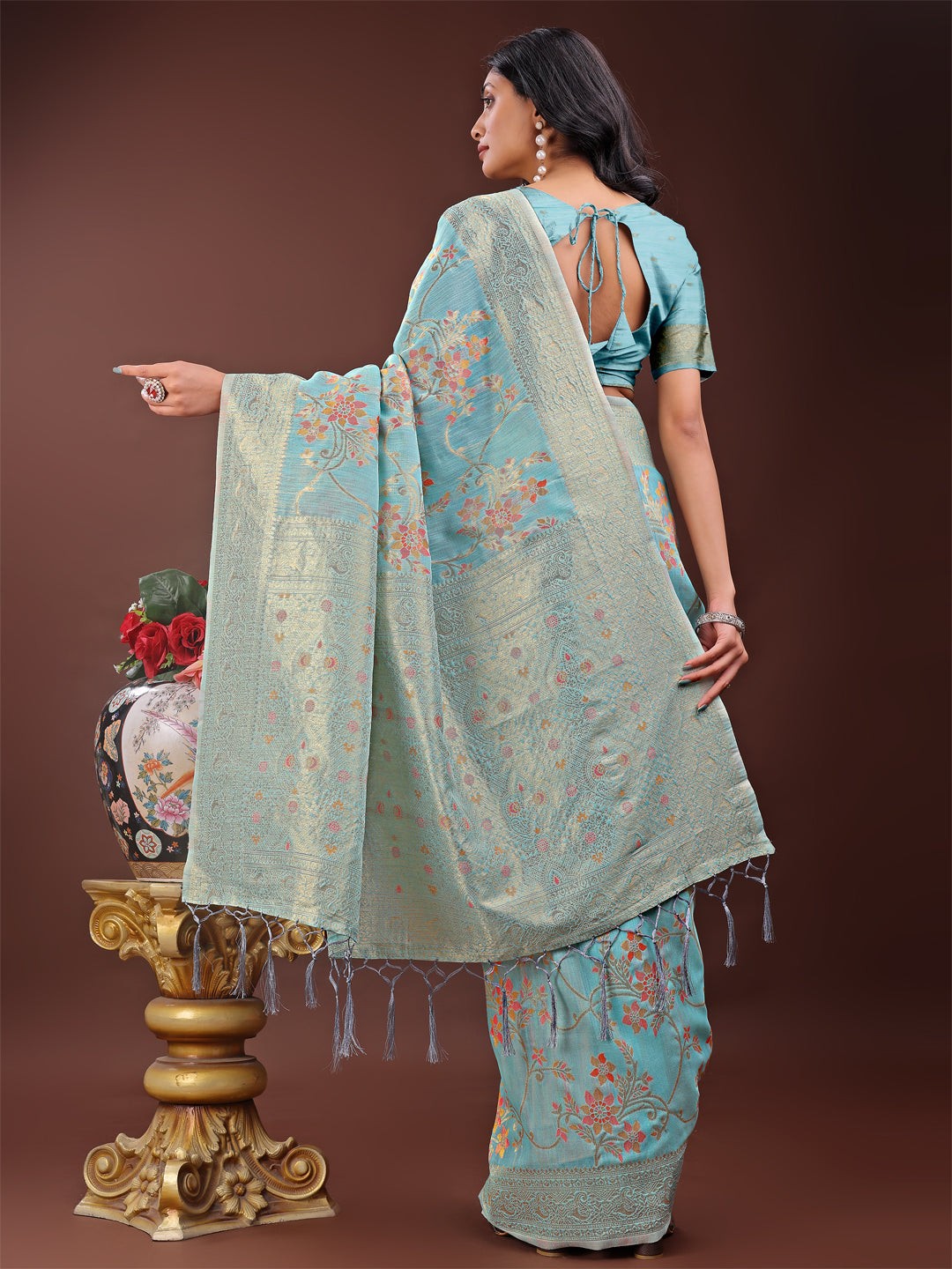 Astita Elegant Light Blue Linen Cotton Saree with Floral Weave & Soft Gold Pallu – Graceful Choice for Casual, Office & Festive Looks