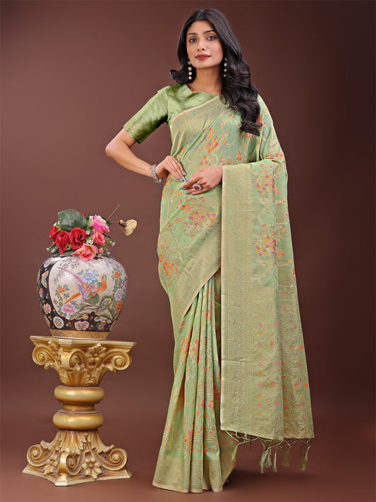 Astita Elegant Light Green Linen Cotton Saree with Floral Weave & Soft Gold Pallu – Graceful Choice for Casual, Office & Festive Looks