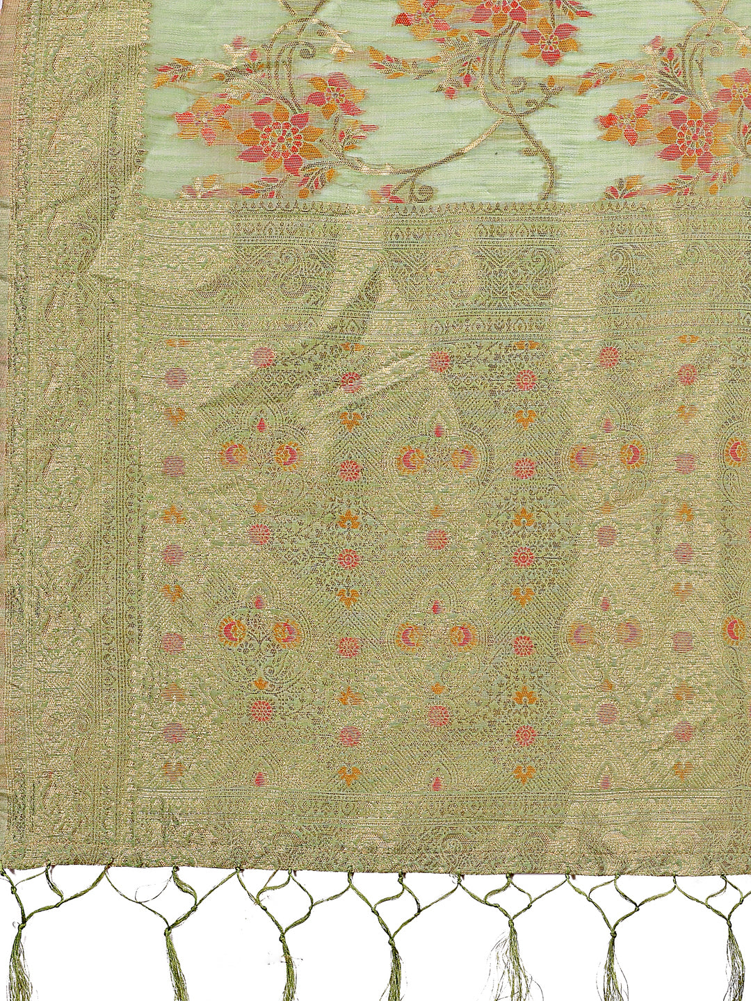Astita Elegant Light Green Linen Cotton Saree with Floral Weave & Soft Gold Pallu – Graceful Choice for Casual, Office & Festive Looks