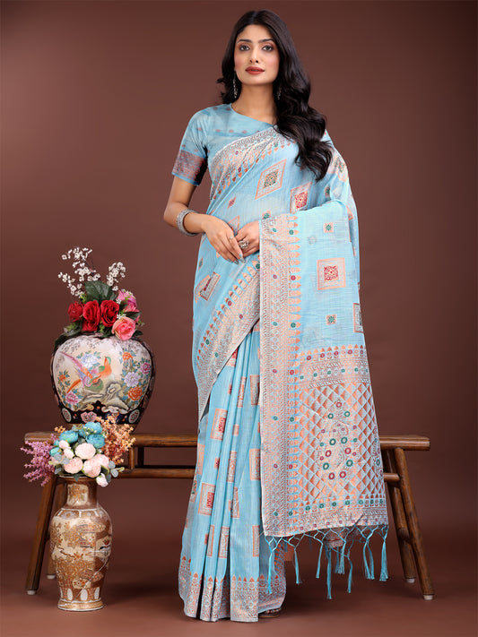 Astita Elegant Sky Blue Linen Saree with Intricate Woven Patterns – Lightweight Grace for Everyday and Festive Moments