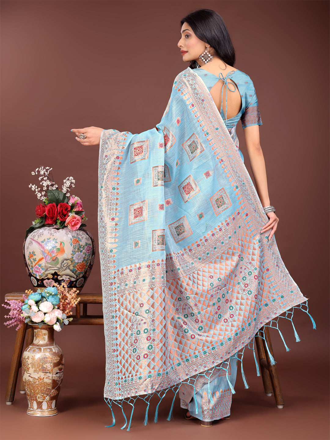 Astita Elegant Sky Blue Linen Saree with Intricate Woven Patterns – Lightweight Grace for Everyday and Festive Moments
