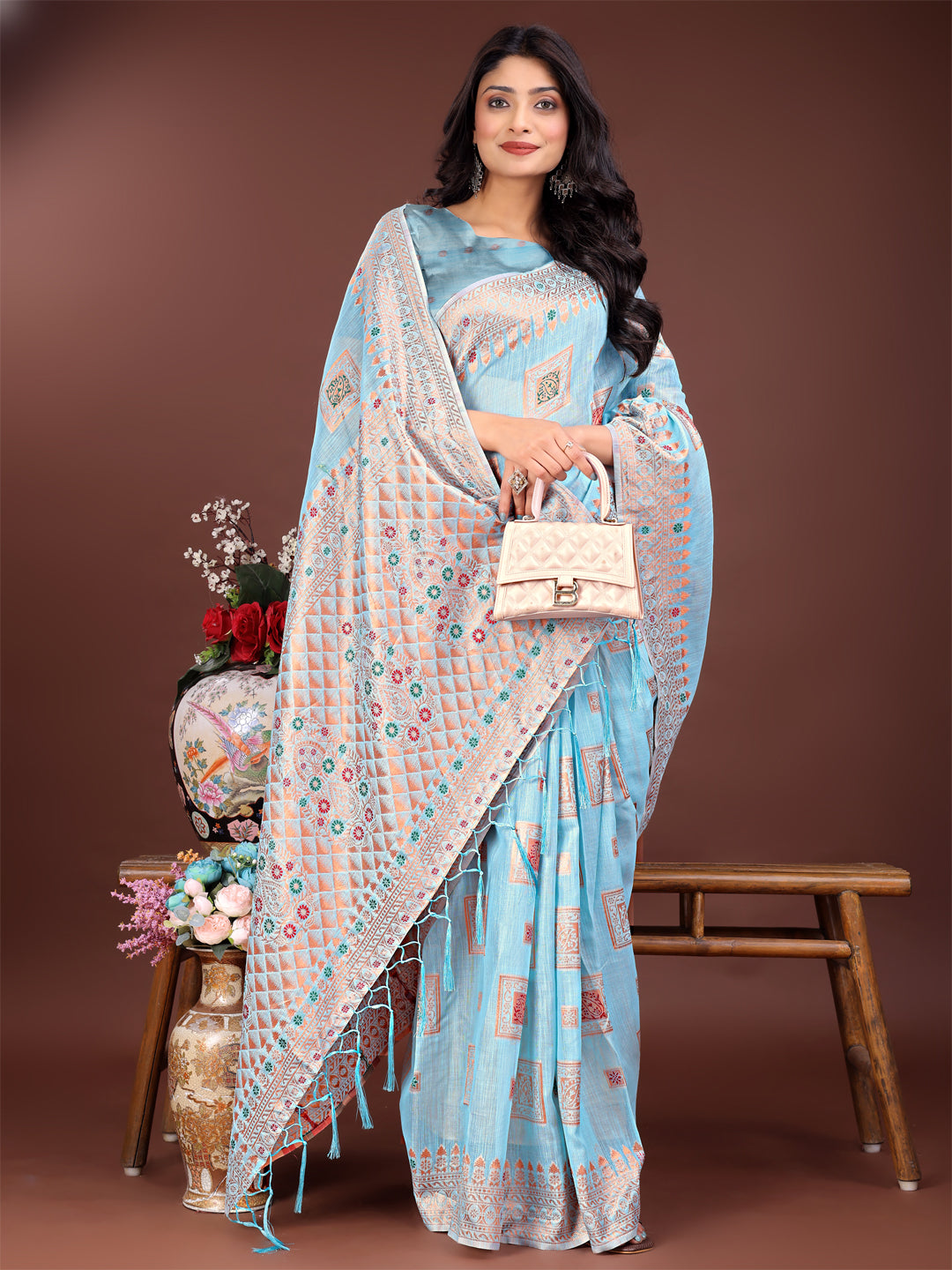 Astita Elegant Sky Blue Linen Saree with Intricate Woven Patterns – Lightweight Grace for Everyday and Festive Moments