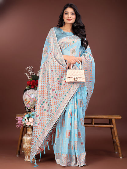 Astita Elegant Sky Blue Linen Saree with Intricate Woven Patterns – Lightweight Grace for Everyday and Festive Moments
