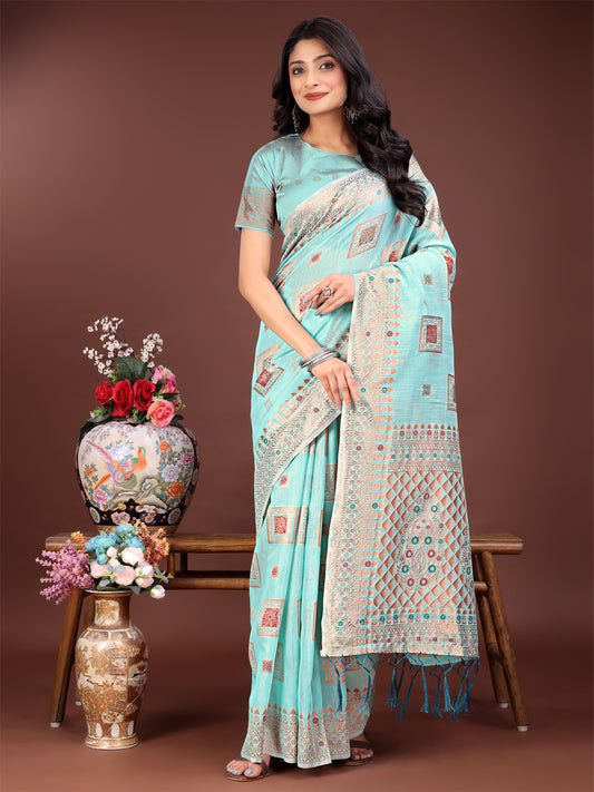Astita Elegant Sea Green Linen Saree with Intricate Woven Patterns – Lightweight Grace for Everyday and Festive Moments
