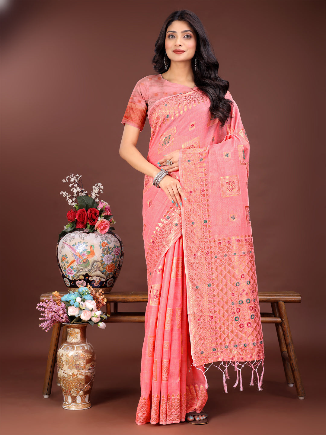 Astita Elegant Peach Linen Saree with Intricate Woven Patterns – Lightweight Grace for Everyday and Festive Moments