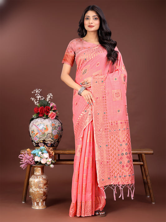 Astita Elegant Peach Linen Saree with Intricate Woven Patterns – Lightweight Grace for Everyday and Festive Moments