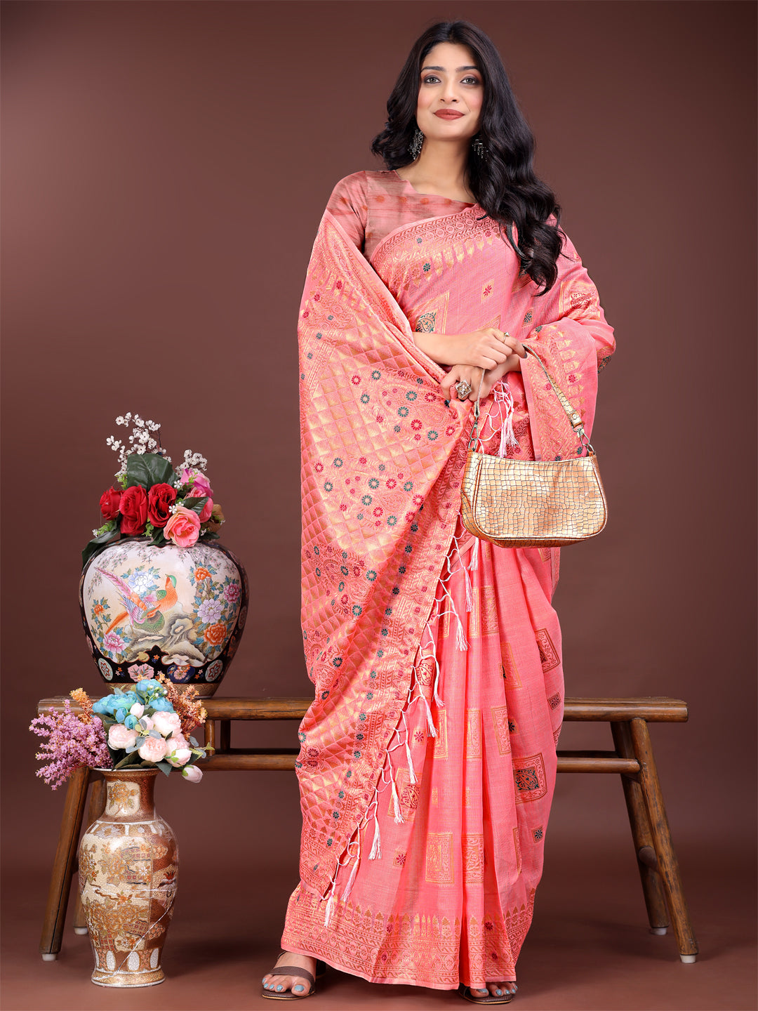 Astita Elegant Peach Linen Saree with Intricate Woven Patterns – Lightweight Grace for Everyday and Festive Moments