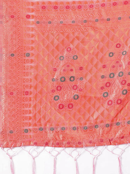 Astita Elegant Peach Linen Saree with Intricate Woven Patterns – Lightweight Grace for Everyday and Festive Moments