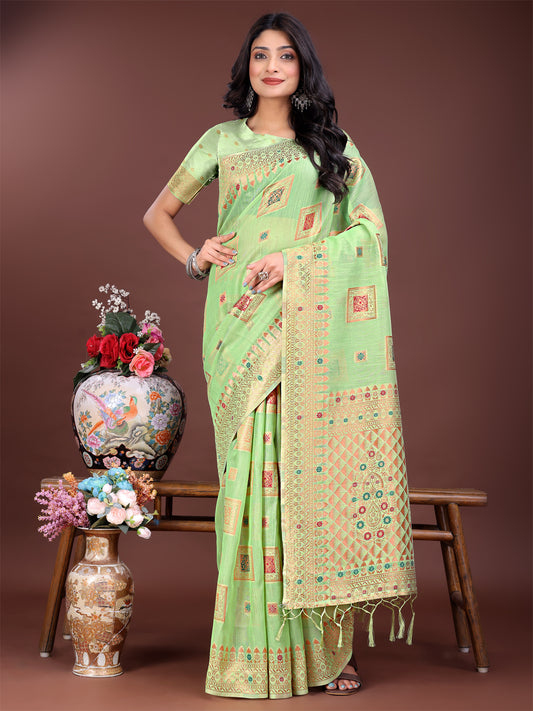 Astita Elegant Light Green Linen Saree with Intricate Woven Patterns – Lightweight Grace for Everyday and Festive Moments