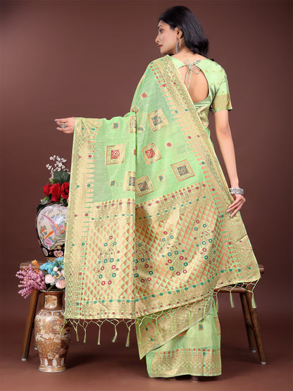 Astita Elegant Light Green Linen Saree with Intricate Woven Patterns – Lightweight Grace for Everyday and Festive Moments
