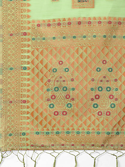 Astita Elegant Light Green Linen Saree with Intricate Woven Patterns – Lightweight Grace for Everyday and Festive Moments
