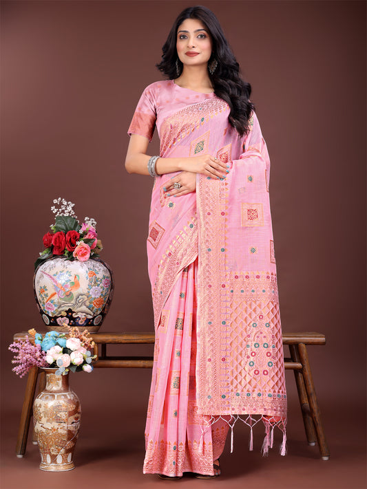Astita Elegant Light Pink Linen Saree with Intricate Woven Patterns – Lightweight Grace for Everyday and Festive Moments