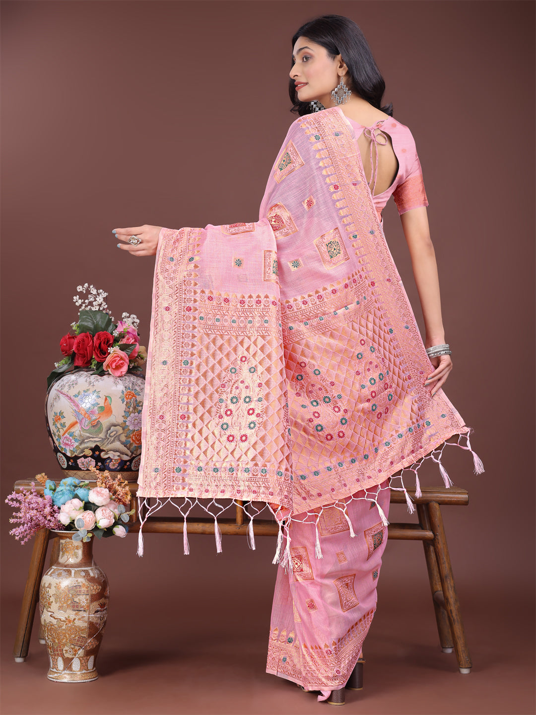 Astita Elegant Light Pink Linen Saree with Intricate Woven Patterns – Lightweight Grace for Everyday and Festive Moments