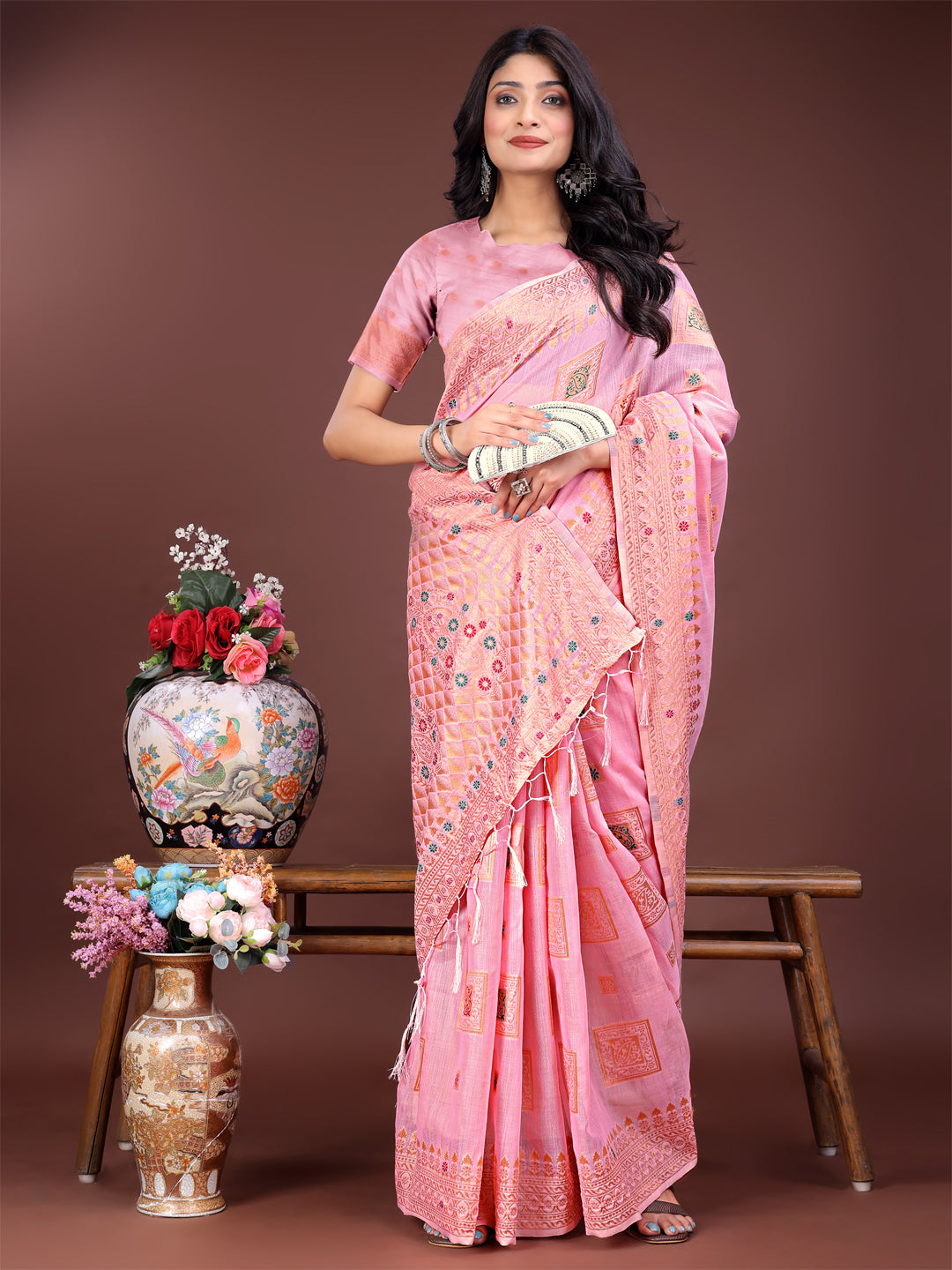 Astita Elegant Light Pink Linen Saree with Intricate Woven Patterns – Lightweight Grace for Everyday and Festive Moments